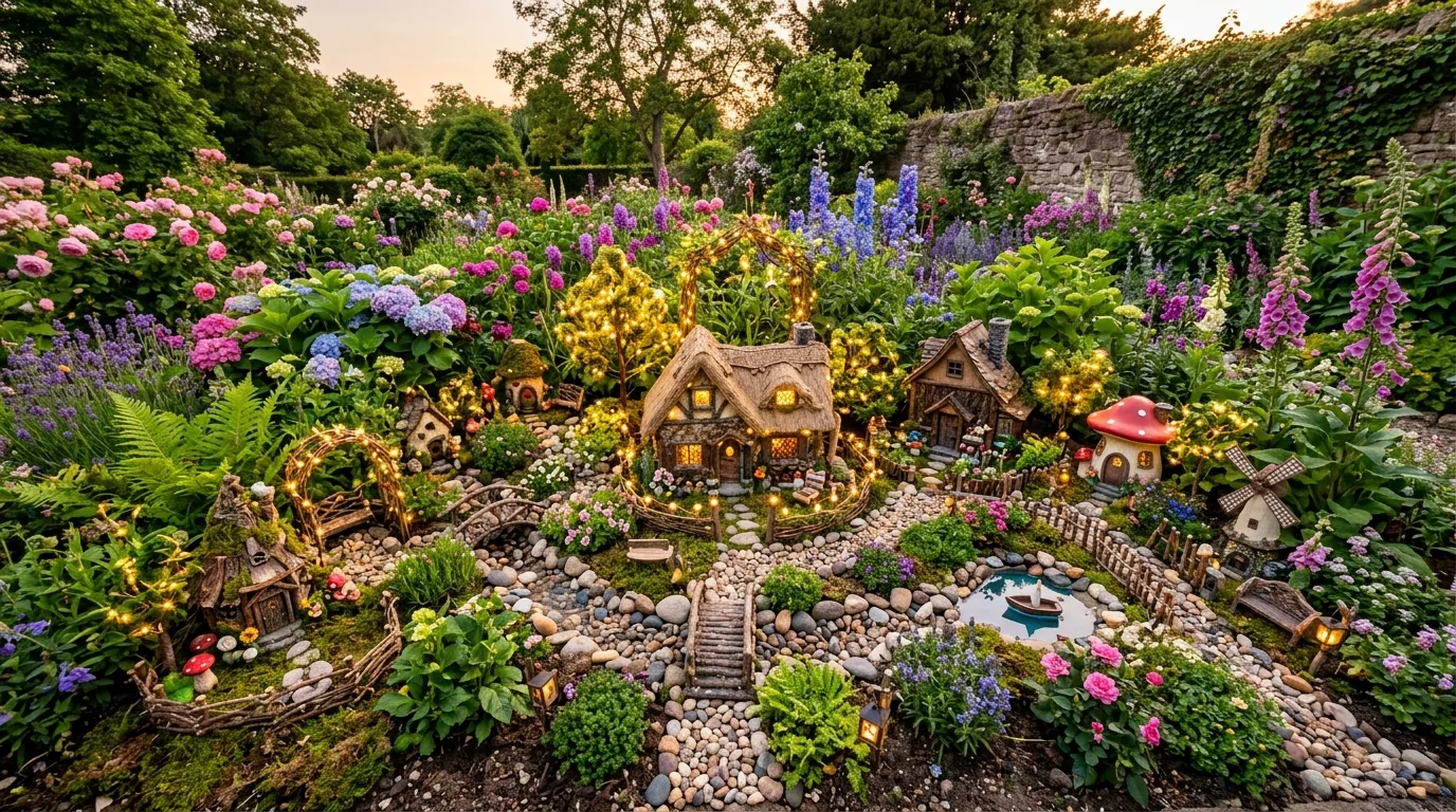 Whimsical fairy garden creating a magical outdoor miniature world.